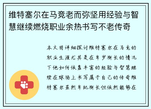 维特塞尔在马竞老而弥坚用经验与智慧继续燃烧职业余热书写不老传奇 维特塞尔在马竞老而弥坚用经验与智慧继续燃烧职业余热书写不老传奇